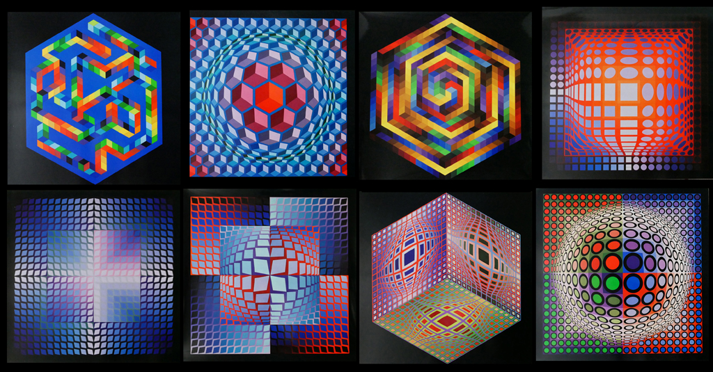 KerrisdaleGallery.com - Stock ID#VV973ps-Px8 - "Progressions 1973" by Victor Vasarely - art portfolio with Suite of 8 Prints - offset lithograph on glossy black paper - published in Switzerland by Editions du Griffon