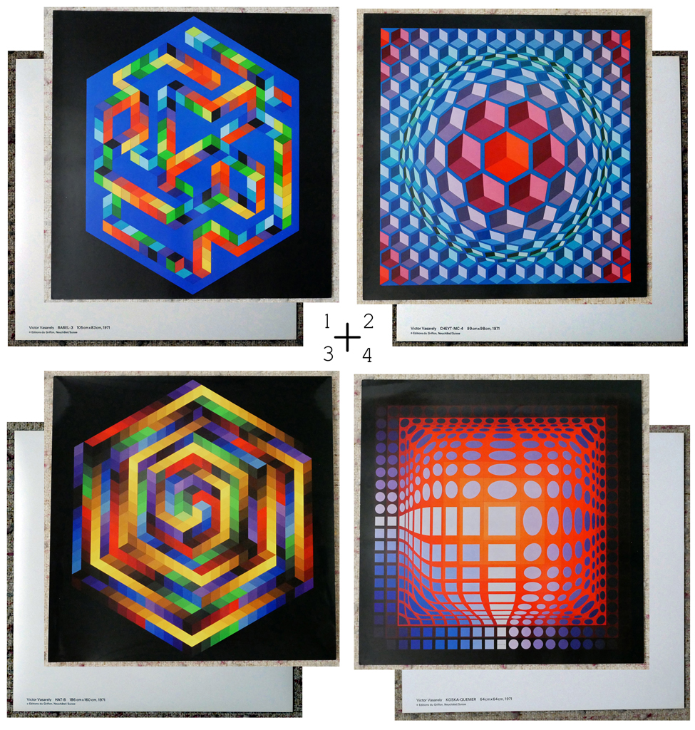 KerrisdaleGallery.com - Stock ID#VV973ps-Px8 - "Progressions 1973" by Victor Vasarely - Showing prints 1 to 4 with full margins: (1) BABEL-3 (2) CHEYT-MC-4 (3) HAT-B (4)KOSKA-QUEMER As shown, there is text printed on the reverse side of each print. Text provides Title plus size and date of the original work, of which these are offset lithograph reproductions.