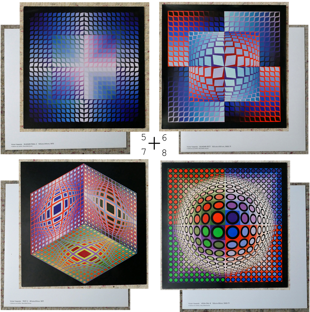 KerrisdaleGallery.com - Stock ID#VV973ps-Px8 - "Progressions 1973" by Victor Vasarely - Showing prints 5 to 8 with full margins (5) QUASAR-PAAL-2 (6) QUASAR-ZETT (7) TEST-2 (8)VEGA-PAL-B As shown, there is text printed on the reverse side of each print. Text provides Title plus size and date of the original work, of which these are offset lithograph reproductions.