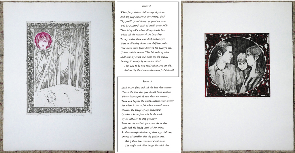 KerrisdaleGallery.com - Stock ID#BR702ev-snt-Px11 - Coloured etchings "Sonnet 2" and "Sonnet 3" by Rita Briansky, each numbered 61/75, titled and signed in pencil by the artist - from the 1972 portfolio "Ten Etchings From Wm. Shakespeare's Sonnets". The Sonnets are included, each printed on a separate sheet.