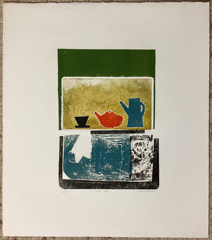 "Café-Thé" by Eva Landori - original hand-coloured etching from the 1972 Portfolio "Gravures", published in Montreal - limited edition, number 39/75 - KerrisdaleGallery.com - Stock ID#LE702ev-snt-Px6