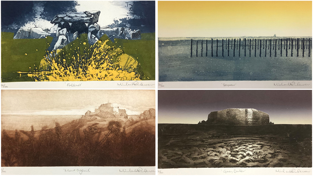 Michael A. Richecoeur - "Jersey" 1976 Portfolio of 12 copperplate etchings - Shown here are Plates 5) Faldouet Dolmen, 6) Seymour, 7) Mont Orgueil, 8) Bunker - limited edition number 35/100 - KerrisdaleGallery.com, Stock ID#RM760eh-snt-Px12