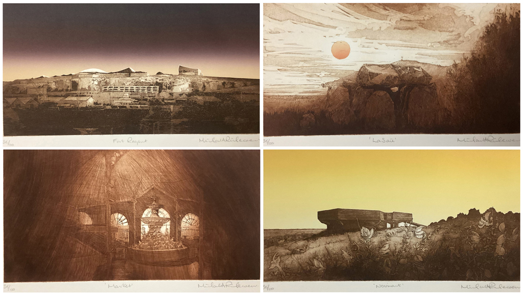 Michael A. Richecoeur - "Jersey" 1976 Portfolio of 12 copperplate etchings - Shown here are Plates 1) Fort Regent, 2) La Saie Dolman, 3) Market, 4) Noirmont - limited edition number 35/100 - KerrisdaleGallery.com, Stock ID#RM760eh-snt-Px12