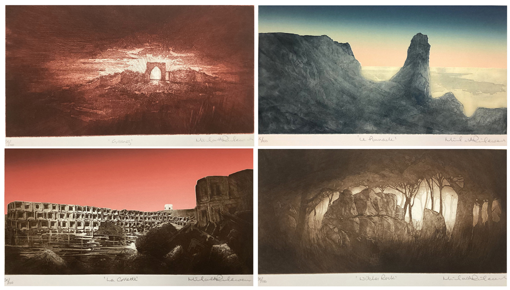 Michael A. Richecoeur - "Jersey" 1976 Portfolio of 12 copperplate etchings - Shown here are Plates 9) Grosnez, 10) Le Pinnacle, 11) La Collette, 12) Witches Rock - limited edition number 35/100 - KerrisdaleGallery.com, Stock ID#RM760eh-snt-Px12