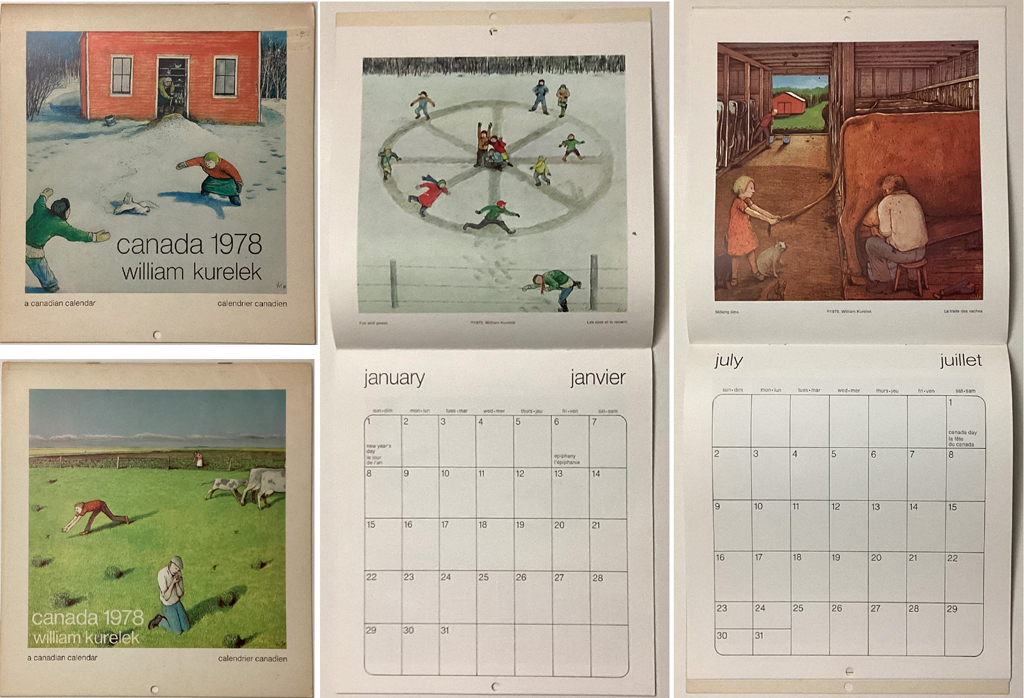 Canada 1978, A Canadian Calendar, Calendrier Canadien by William Kurelek - vintage calendar with 12 full page, full-colour illustrations - composite photo to show front and back and examples of content (available from KerrisdaleGallery.com - Stock ID#KUR478cs)