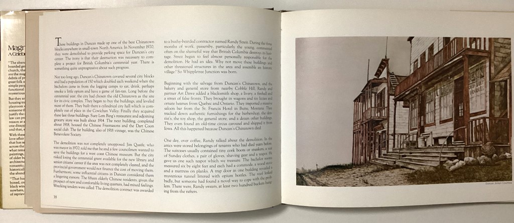 Magnificent Derelicts: A Celebration of Older Buildings by Ronald Woodall. Hardcover book, 1975 - Text and 76 full page illustrations by Ronald Woodall, showing pages 38-39 Chinatown, Duncan, B.C. (available from KerrisdaleGallery.com - Stock ID#WOO175bh)
