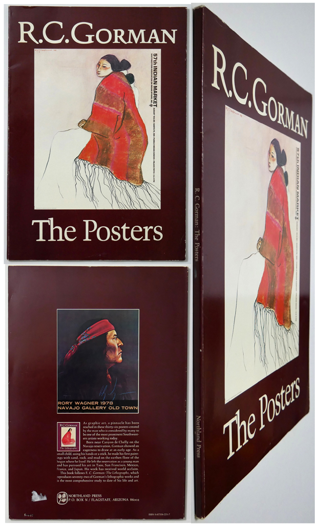 R.C. Gorman, The Posters by R.C. Gorman (illustrations), Tricia Hurst (introduction) - Northland Press, Flagstaff AZ 1980 Softcover book, First Edition ISBN 10:0873582217 - composite view to show front, back and spine (available from KerrisdaleGallery.com, Stock ID#GOR280bv)