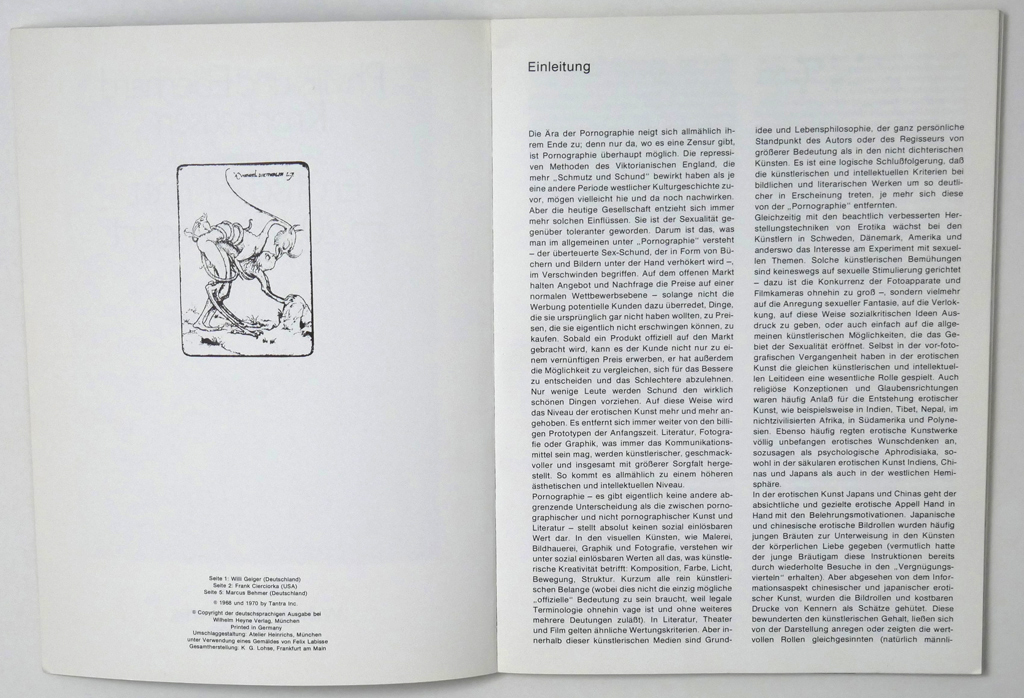 Erotische Kunst im 20. Jahrhundert by Phyllis and Eberhard Kronhausen (text), 103 artists (erotic illustrations) - Wilhelm Heyne Verlag, Munich 1970 Softcover book, in German - view to show introduction, followed by illustrations in full color and B/W (available from KerrisdaleGallery.com, Stock ID#KRO270bv)