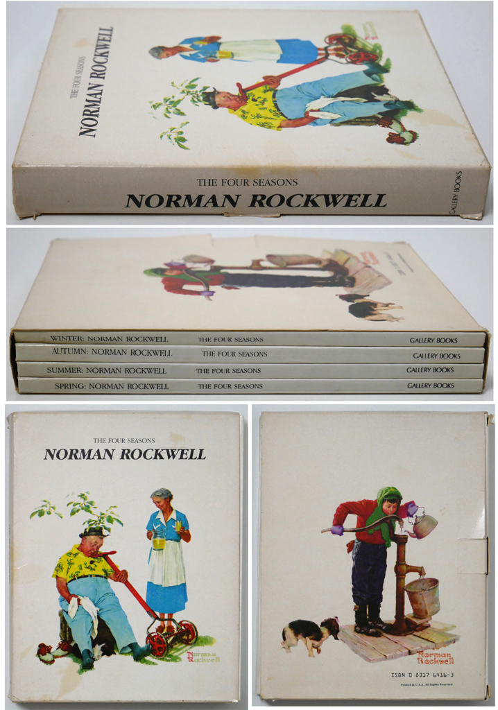 The Four Seasons by Norman Rockwell (illustrations), various American poets (Bryant, Emerson, Longfellow, Lowell, Thoreau, Walden, Whitman, Whittier: accompanying text) - Gallery Books, NY 1984 boxed set of four Hardcover books ISBN 10:0831764163 - composite view to show front and back covers of slip box housing the 4-book set: Spring, Summer, Autumn, Winter - (available from KerrisdaleGallery.com, Stock ID#ROC184bv)
