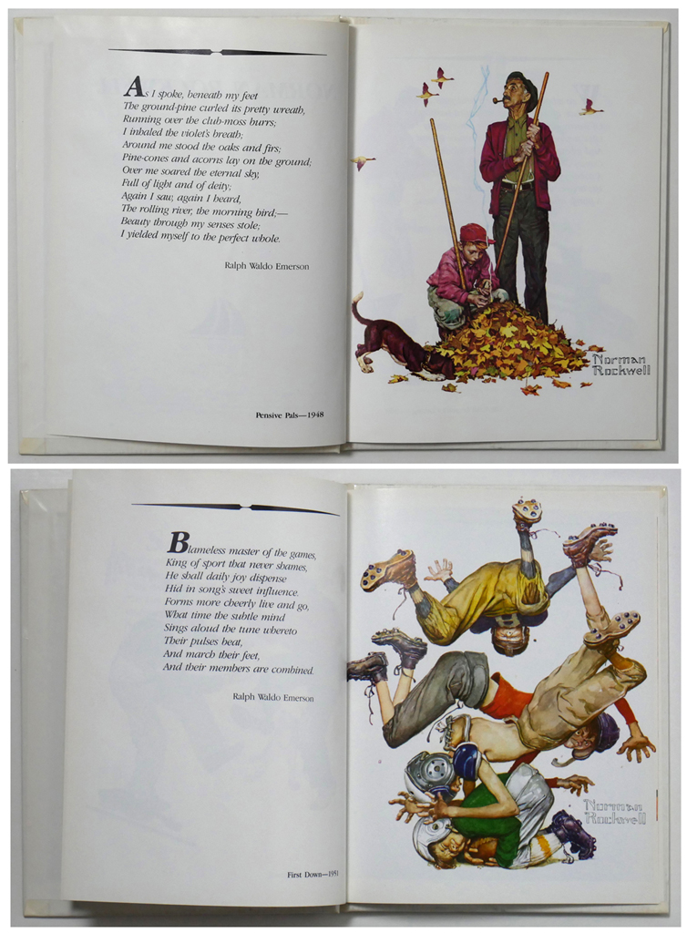 The Four Seasons by Norman Rockwell (illustrations), various American poets (Bryant, Emerson, Longfellow, Lowell, Thoreau, Walden, Whitman, Whittier: accompanying text) - Gallery Books, NY 1984 boxed set of four Hardcover books ISBN 10:0831764163 - composite view to show examples of content in Autumn - (available from KerrisdaleGallery.com, Stock ID#ROC184bv)