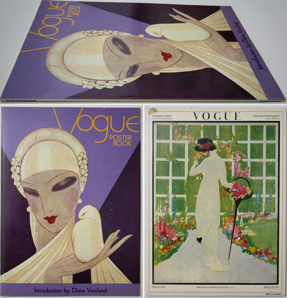 Vogue Poster Book by Diana Vreeland (introduction) - The Conde Nast Publications, selected Vogue 1911 to 1926 magazine covers, Harmony Books 1975 Softcover book ISBN 10:0517520443- composite view to show front and back covers and spine (available from KerrisdaleGallery.com, Stock ID#VOG275bv)