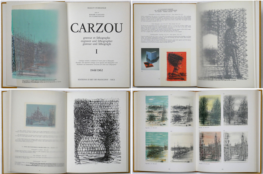 Carzou I, Complete Works 1948-1962 by Maguy Furhange (text) and Jean Carzou (illustrations) - Editions D'Art de Francony, 1971 Hardcover book in dustjacket, numbered Limited Edition - composite photo to show content, including 3 original full page lithographs, two B/W and one Full-Color, each protected by a sheet of tissue (available from KerrisdaleGallery.com, Stock ID#CAR171bv)