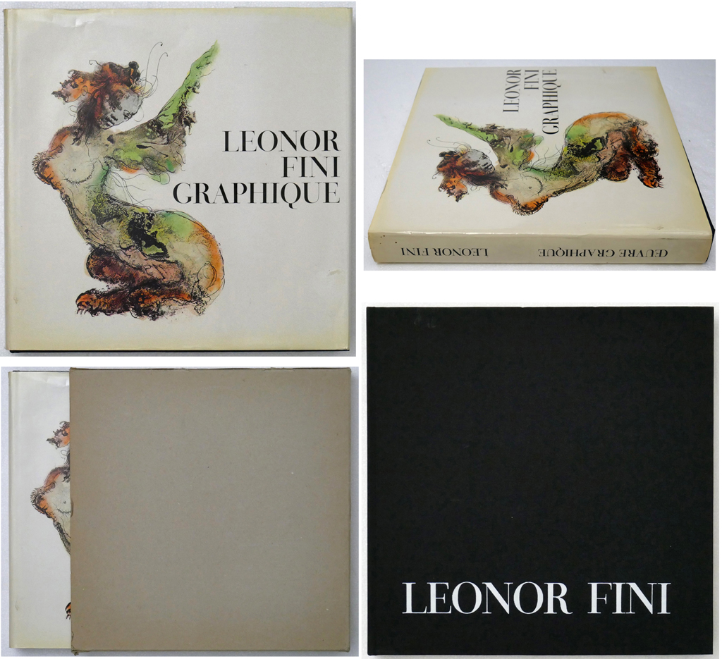 Leonor Fini Oeuvre Graphique by Jean Paul Guibbert (text) and Leonor Fini (illustrations) - Editions Clairfontaine, La Guilde du Livre, 1971 Hardcover book in dustjacket - volume of graphic works contains 176 Color and B/W illustrations of engravings and lithographs including over 45 color plates that are "tipped in" and easily removable for framing. Composite photo shows 4 views of the book: with dustjacket cover and spine, without dustjacket and in plain slipcover (available from KerrisdaleGallery.com, Stock ID#FIN171b)