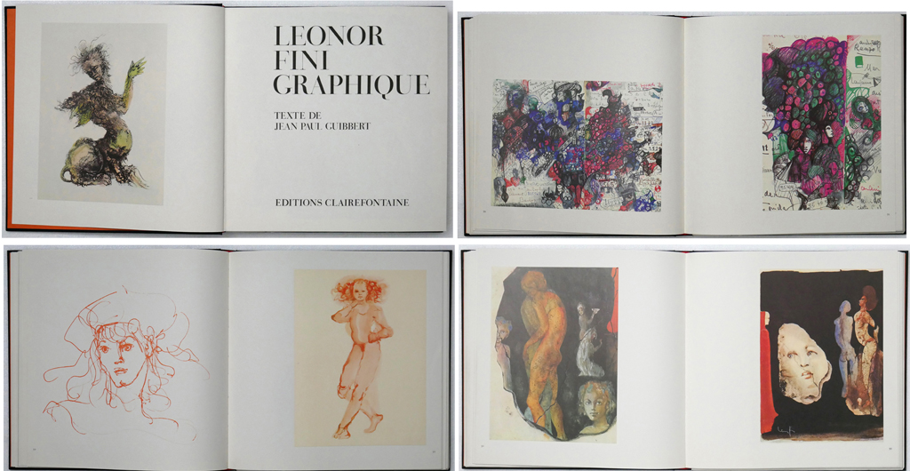 Leonor Fini Oeuvre Graphique by Jean Paul Guibbert (text) and Leonor Fini (illustrations) - Editions Clairfontaine, La Guilde du Livre, 1971 Hardcover book in dustjacket - volume of graphic works contains 176 Color and B/W illustrations of engravings and lithographs including over 45 color plates that are "tipped in" and easily removable for framing. Composite photo shows examples of illustrations and plates (available from KerrisdaleGallery.com, Stock ID#FIN171b)