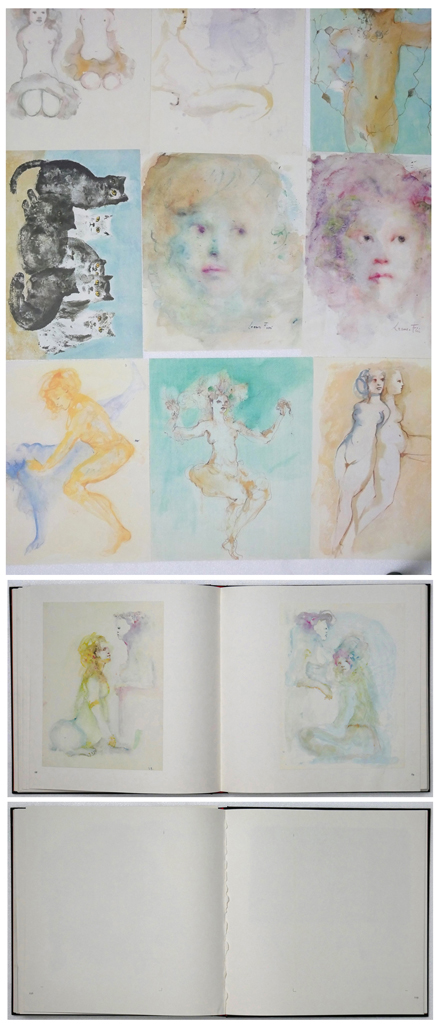 Leonor Fini Oeuvre Graphique by Jean Paul Guibbert (text) and Leonor Fini (illustrations) - Editions Clairfontaine, La Guilde du Livre, 1971 Hardcover book in dustjacket - volume of graphic works contains 176 Color and B/W illustrations of engravings and lithographs including over 45 color plates that are "tipped in" and easily removable for framing. Composite photo shows examples of art plates that have come loose from their pages but are included with the book and the site where 3 pages have been removed, leaving a page loose (available from KerrisdaleGallery.com, Stock ID#FIN171b)