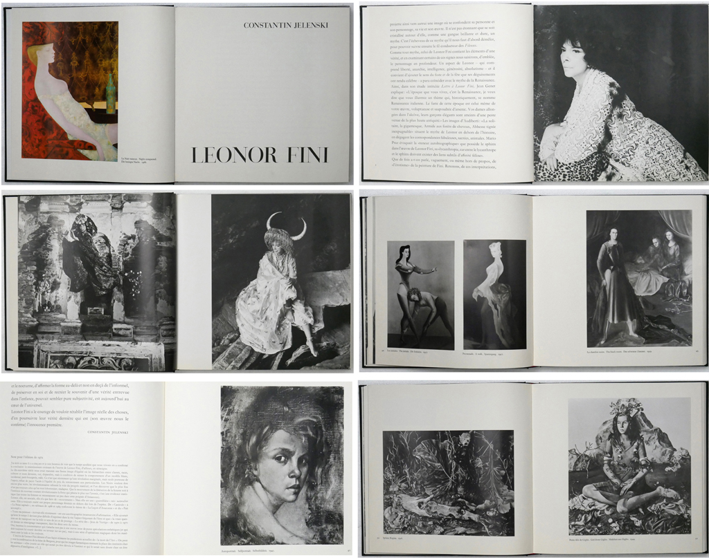 Leonor Fini by Constantin Jelenski (text) and Leonor Fini (illustrations) - Editions Clairfontaine, La Guilde du Livre, 1972 Hardcover book in dustjacket - volume of graphic works - composite photo with examples of content, including B/W photos of the artist and a self-portrait (available from KerrisdaleGallery.com, Stock ID#FIN172bs)
