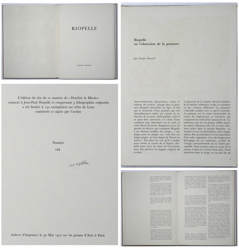 Derriere Le Miroir No. 185 by Jean Paul Riopelle (illustrations, lithographs) and Franco Russoli (text, in French) - Maeght Editeurs 1970 Softcover book housed in Hardcover Folio in slipcase. With 5 original large color lithographs. Composite photo to show: Limited Edition 135/150, artist-signed "Riopelle" (available from KerrisdaleGallery.com, Stock ID#RIO170bv)