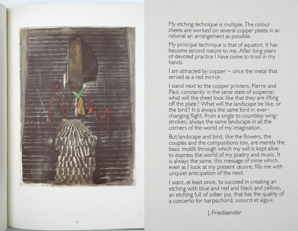Etchings, Eaux-Fortes, Radierungen by Johnny Friedlaender (illustrations, text) – Lublin Graphics, Conn., USA 1972 First Edition Hardcover book in illustrated dustjacket – composite photo to show artist statement and etching example (available from KerrisdaleGallery.com, Stock ID#FRI172bv)