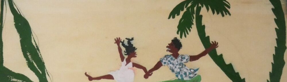 Couple Dancing on Nassau Beach, Bahamas by Beverly Wasile, 1957 original painting (untitled), gouache on paper, signed and dated by the artist (available from KerrisdaleGallery.com, stock ID# WB957ph)