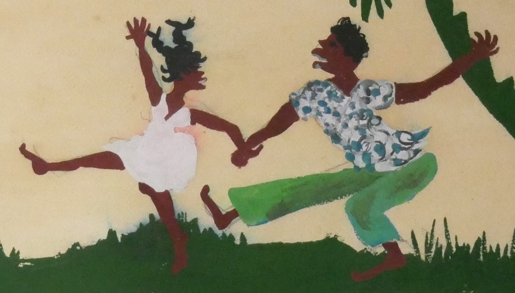 Couple Dancing on Nassau Beach, Bahamas by Beverly Wasile, 1957 original painting (untitled), gouache on paper, signed and dated by the artist - detail to show artist's pencil sketch marks (available from KerrisdaleGallery.com, stock ID# WB957ph)