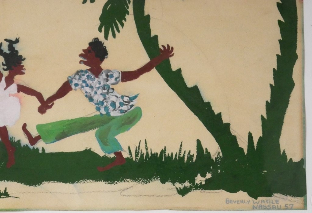 Couple Dancing on Nassau Beach, Bahamas by Beverly Wasile, 1957 original painting (untitled), gouache on paper - detail to show artist's signature with date (available from KerrisdaleGallery.com, stock ID# WB957ph)