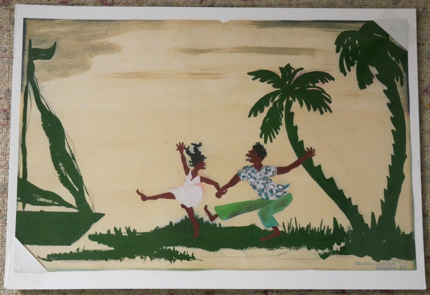 Couple Dancing on Nassau Beach, Bahamas by Beverly Wasile, 1957 original painting (untitled), gouache on paper, signed and dated by the artist - shown as packaged with corner mounts on a backing board (available from KerrisdaleGallery.com, stock ID# WB957ph)