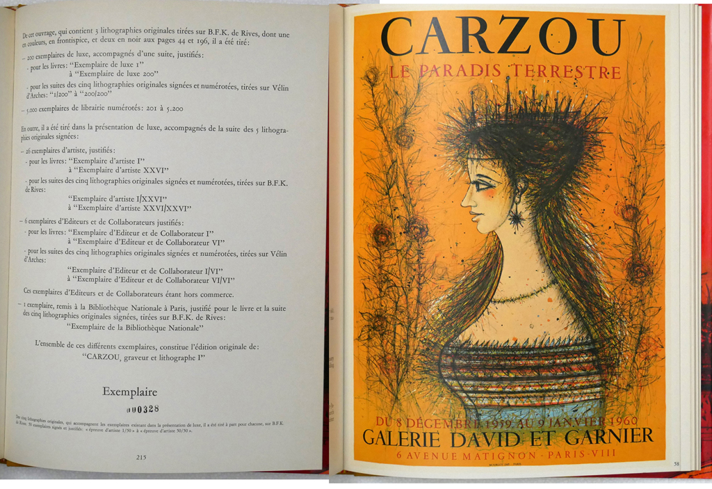 Carzou I, Complete Works 1948-1962 by Maguy Furhange (text) and Jean Carzou (illustrations) – Editions D’Art de Francony, 1971 Hardcover book in dustjacket, numbered Limited Edition – composite photo to show this book is Edition 328 of 5000 copies (available from KerrisdaleGallery.com, Stock ID#CAR171bv)