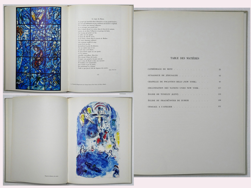 Les Vitreaux de Chagall, 1957-1970 by Robert Marteau (text, in French) and Marc Chagall (illustrations) – A.C. Mazo Editeur Paris, 1972 Hardcover book in dustjacket – composite photo to show content, including the sites housing installations of Chagall's stained glass windows (available from KerrisdaleGallery.com, Stock ID#CHA172bv)