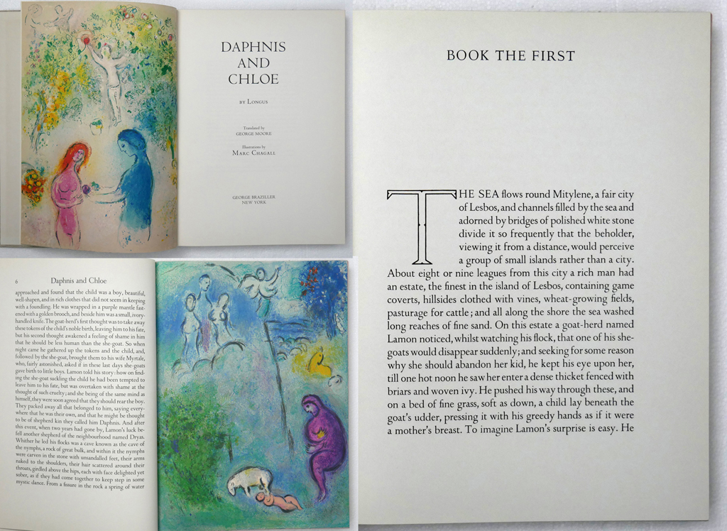 Daphnis and Chloe by Longus (text) and Marc Chagall (illustrations) – George Braziller, NY 1977 Hardcover book in dustjacket First Edition - composite photo to show examples of story and illustrations (available from KerrisdaleGallery.com, Stock ID#CHA177bv)