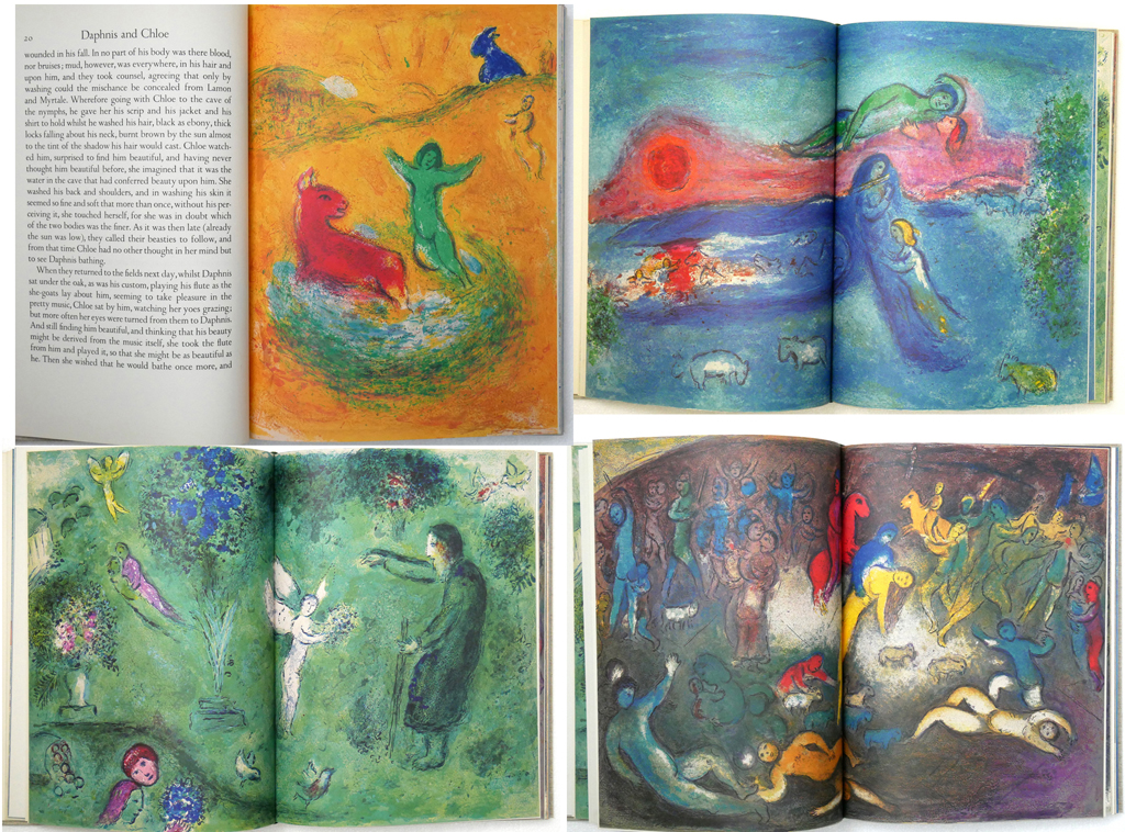 Daphnis and Chloe by Longus (text) and Marc Chagall (illustrations) – George Braziller, NY 1977 Hardcover book in dustjacket First Edition - composite photo to show examples of illustrations (available from KerrisdaleGallery.com, Stock ID#CHA177bv)