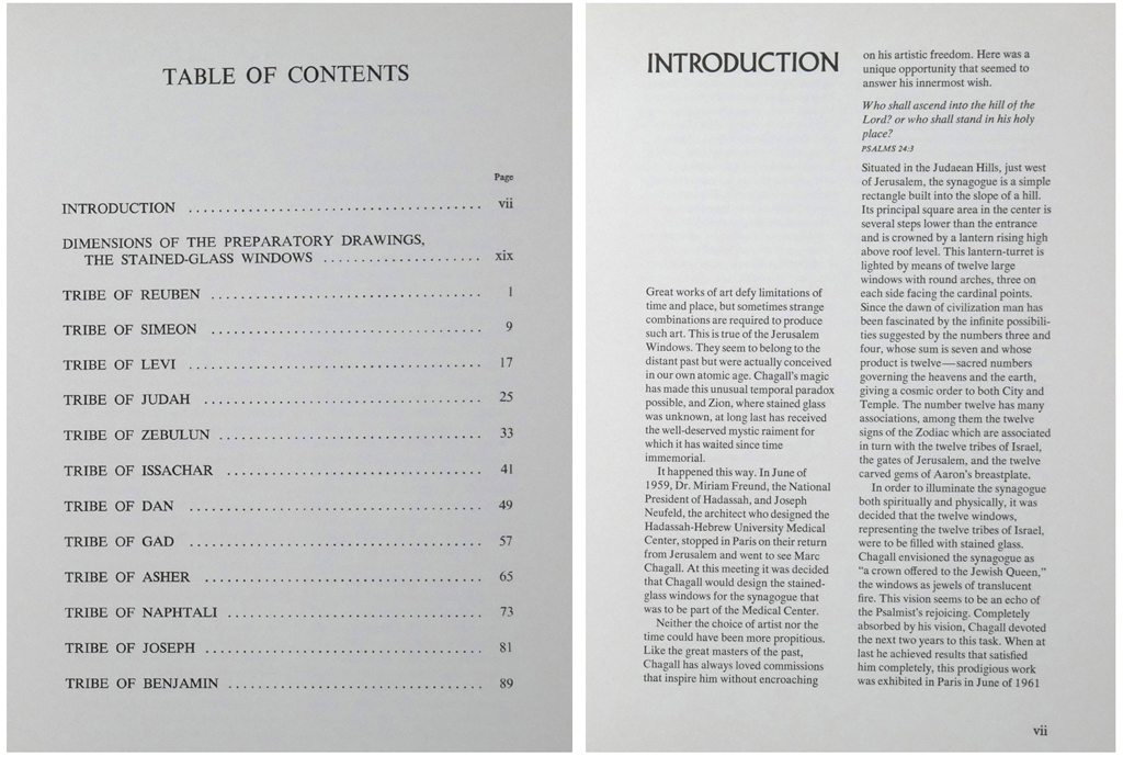 The Jerusalem Windows, Marc Chagall by Jean Leymarie (text) and Marc Chagall (stained glass windows/illustrations) – George Braziller, 1975 Softcover book 2nd Edition – composite photo of content (available from KerrisdaleGallery.com, Stock ID#CHA275bv)