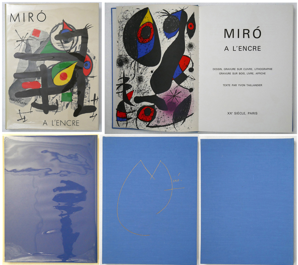 Miro A L'Encre by Yvon Taillandier (text, in French) and Joan Miro (illustrations) – XXe Siecle Paris, 1973 Hardcover book in illustrated dustjacket and blue slipcase, 1st Edition – composite photo to show book with and without dustjacket and to show title page with original 10x14 inch lithograph. (available from KerrisdaleGallery.com, Stock ID#MIR172bv)