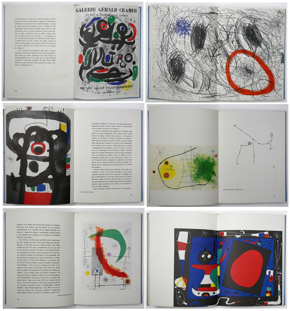 Miro A L'Encre by Yvon Taillandier (text, in French) and Joan Miro (illustrations) – XXe Siecle Paris, 1973 Hardcover book in illustrated dustjacket and blue slipcase, 1st Edition – composite photo to show examples of the many illustrations (available from KerrisdaleGallery.com, Stock ID#MIR172bv)