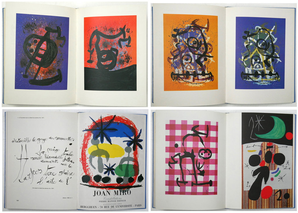 Miro A L'Encre by Yvon Taillandier (text, in French) and Joan Miro (illustrations) – XXe Siecle Paris, 1973 Hardcover book in illustrated dustjacket and blue slipcase, 1st Edition – composite photo to show examples of the many illustrations (available from KerrisdaleGallery.com, Stock ID#MIR172bv)