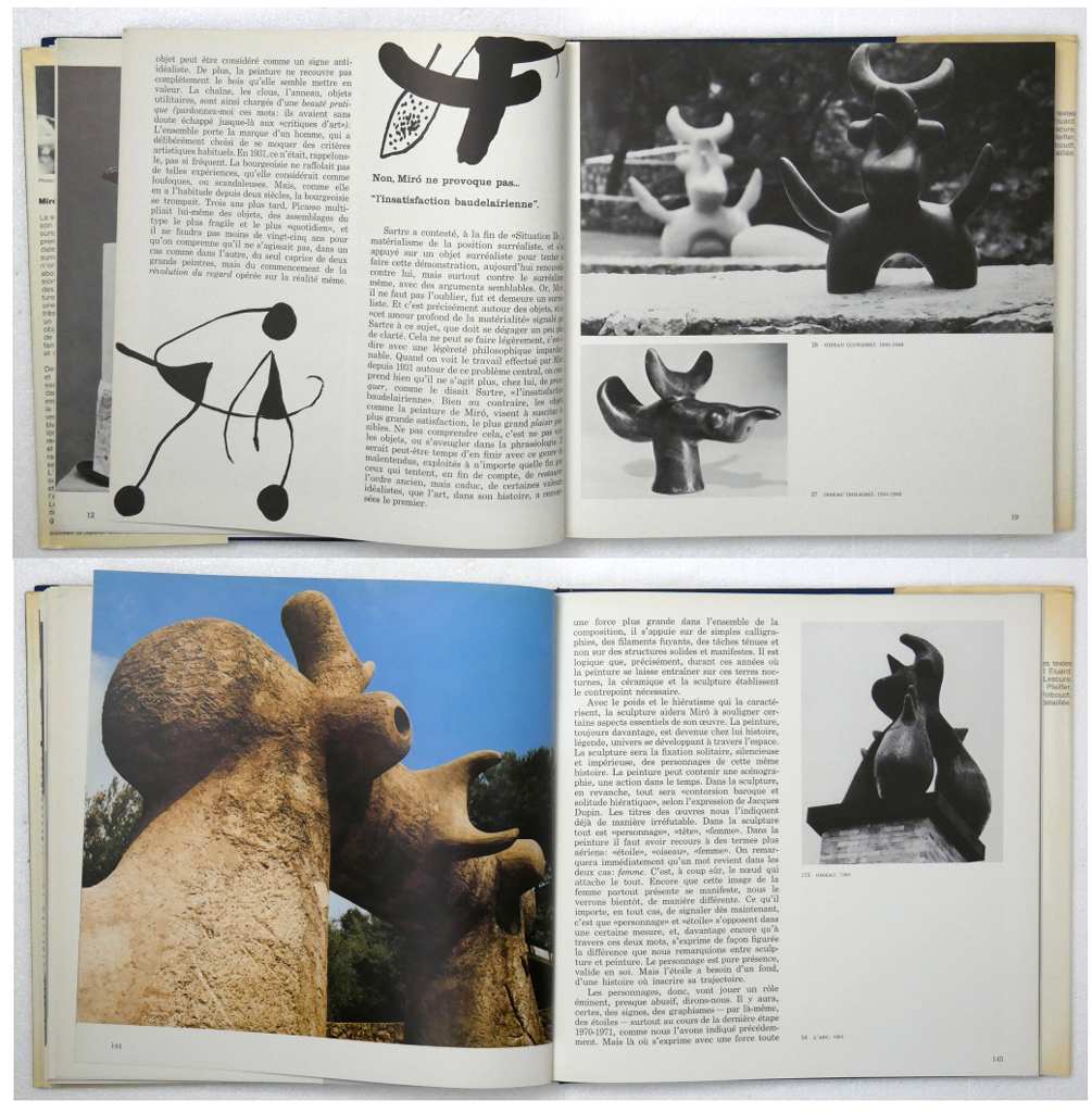 Miro Sculptures by Alain Jouffroy, Joan Teixidor (text, in French) and Joan Miro (painter, sculptor) – Maeght Editeur Paris, 1973 Hardcover book in illustrated dustjacket, 1st Edition – composite photo of examples of illustrations of Miro's sculptures (available from KerrisdaleGallery.com, Stock ID#MIR173bs)