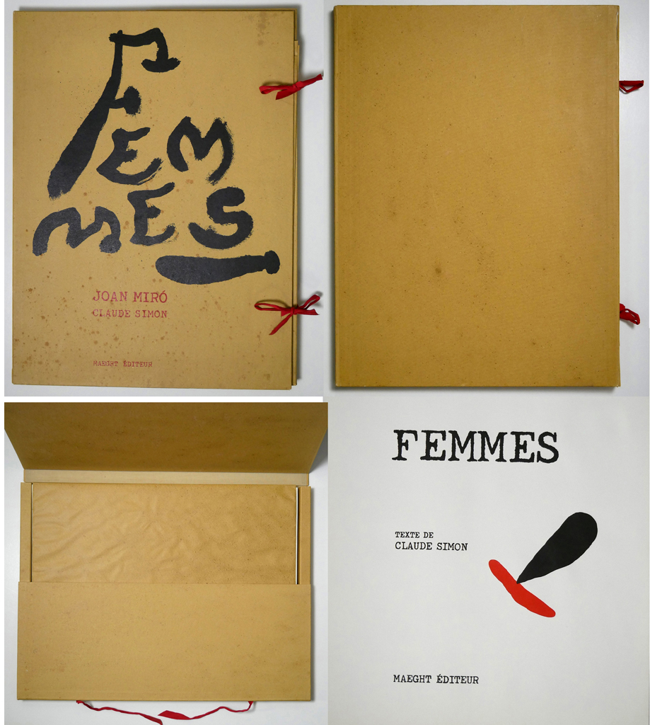 Femmes by Claude Simon (text), Joan Miro (illustrations) - 1965 Maeght Editeur, Paris - Portfolio of 23 offset lithograph prints, 3 original woodcuts, text pages 9-20, unbound as issued, in yellow wrapper - from the limited edition of 50 copies - composite photo showing front, back and inside of cardboard portfolio as well as title page, an original woodcut (available from KerrisdaleGallery.com, Stock ID# MIR265bvPx26)