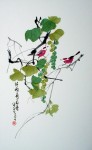 Two Red Birds Sitting With Green Grapes by Charles Chu - offset lithograph fine art print