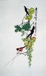 Brown Bird Sitting With Green Grapes by Charles Chu - offset lithograph fine art print