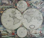 Old World Map With North & South Poles by unknown artist/engraver - restrike etching, hand-coloured original print
