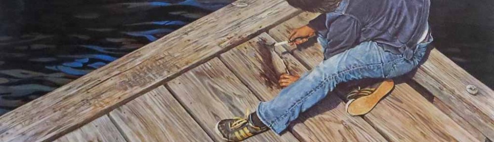 Boy On Pier Cleaning Fish by Leonard (Len) Gibbs - offset lithograph reproduction vintage fine art print