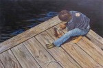 Boy On Pier Cleaning Fish by Leonard (Len) Gibbs - offset lithograph reproduction vintage fine art print