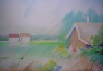 Three Houses (untitled) by Oscar Tejeda - offset lithograph vintage 1988 fine art print
