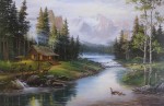 Mountain Lake Cabin Idyll (untitled) by Fred Buchwitz - offset lithograph reproduction vintage fine art print