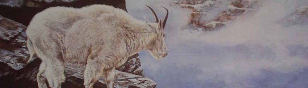 Mountain Goat, Precipice (untitled) by Andrew Kiss - hand-numbered 277/670 and signed by the artist - offset lithograph limited edition vintage fine art print