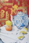 Morning Tea by Julie McCarroll, metal foil insets, published by Posters International - offset lithograph reproduction vintage fine art poster print