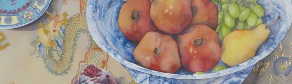 Pomegranate by Julie McCarroll, metal foil insets, published by Posters International - offset lithograph reproduction vintage fine art poster print