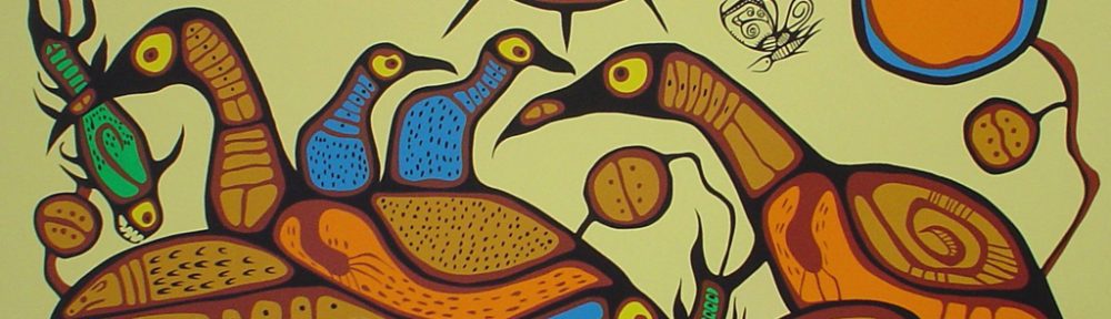 Spiritual Feast by Norval Morrisseau - original limited edition serigraph/silkscreen, titled, numbered 269/750 and signed by artist with butterfly remarque under title, sheet size 25x31 inches/ 63x80cm, circa 1977 (KerrisdaleGallery.com)