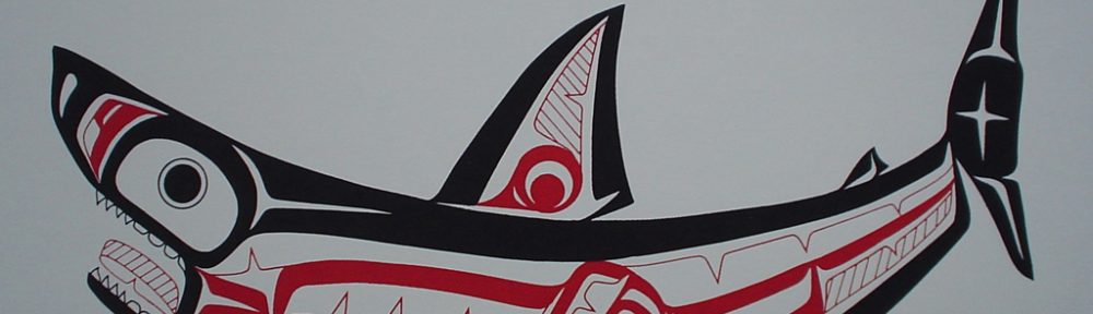 Shark by Roy Henry Vickers, Tsimshian Pacific Northwest Coast First Nations contemporary Native artist - vintage 1976 original print limited edition serigraph/silkscreen - in lower image area, in pencil: numbered 127/195, dated 19/1/76, titled Shark in lower left; signed Roy Henry Vickers, Tsimsian Tribe, Kitkatla B.C. at lower right - sheet size 12x15 inches/30x38 cm (KerrisdaleGallery.com