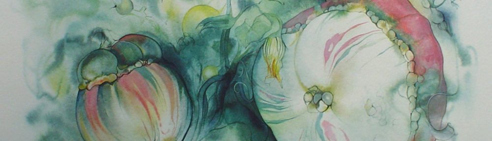 "Yellow Squash Flowers" by Klaus Meyer Gasters - vintage 1970's/1980's offset lithograph reproduction watercolour collectible fine art print (size approx. 15 x 18.5 inches/ ca. 38 x 47 cm) - KerrisdaleGallery.com