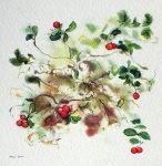 "Red Cranberries", in German:"Preiselbeeren" by Klaus Meyer Gasters - vintage offset lithograph reproduction watercolour collectible art print from 1981, (size 12 x 11.5 inches/30.5 x 29.25 cm) - KerrisdaleGallery.com